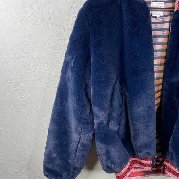 Noble 31 Faux Fur Navy Blue Bomber Sparkle Trim Pink Res Jacket Eras Outfit XS - Picture 6 of 9